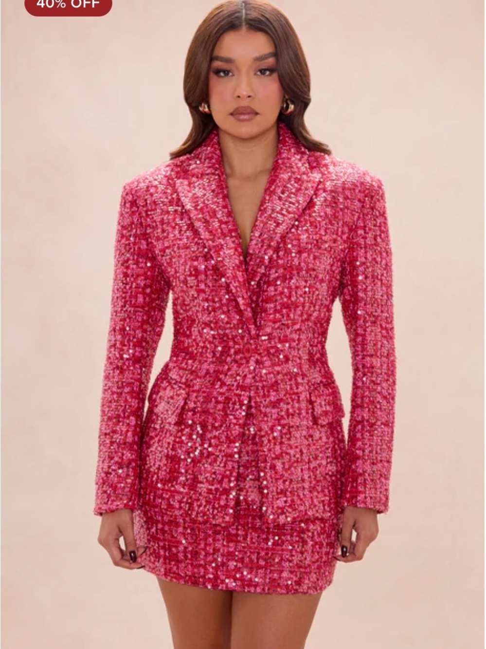 Fashion Nova Margot Hot Pink Sequined Tweed Blazer + Mini Skirt Set